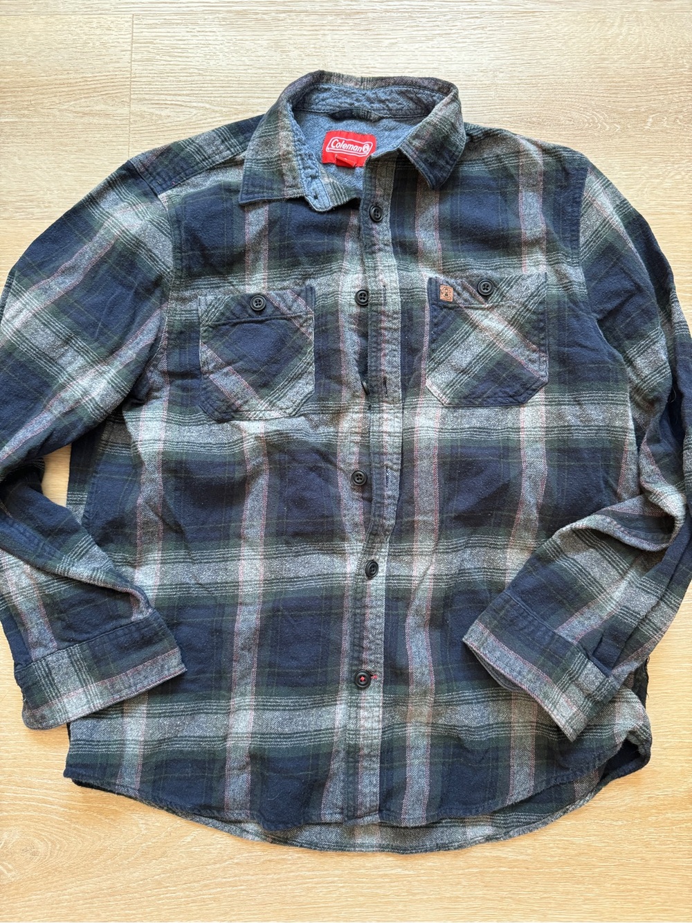 Coleman Plaid Blue Green Gray Cotton Flannel Button Down Shirt Men’s Size Large
